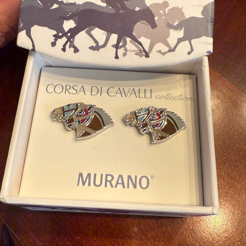 Murano Corsa Di Cavalli Derby Collection Silver and Brown Horse Cufflinks